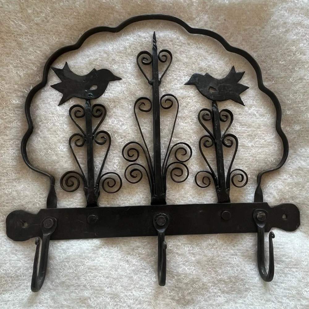 Vintage ?Antique Forged Iron Rack Hand Wrought Primitive Hanging Hooks w Birds